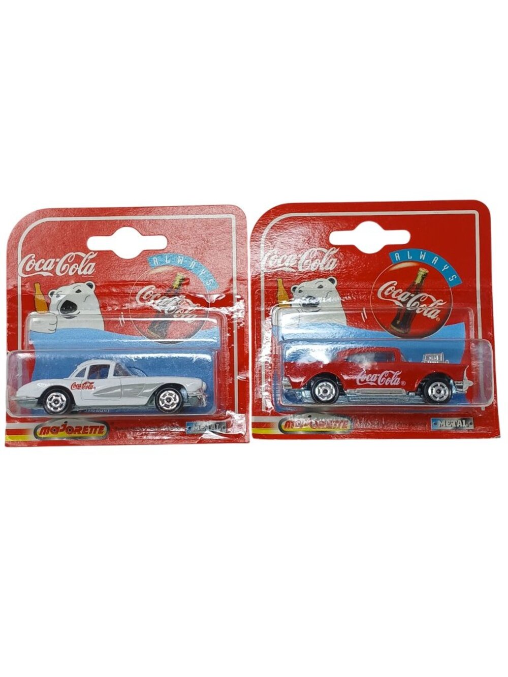 2 Majorette Coca-Cola DieCast Cars 200 Series White Corvette Red Chevy New #D-21